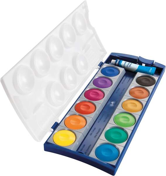 Aquarelles opaques Pelikan 735/K12, boîte de 12 godets + 1 tube blanc - Couleurs intenses et faciles à diluer - Résistantes à la lumière - Idéales pour l'école