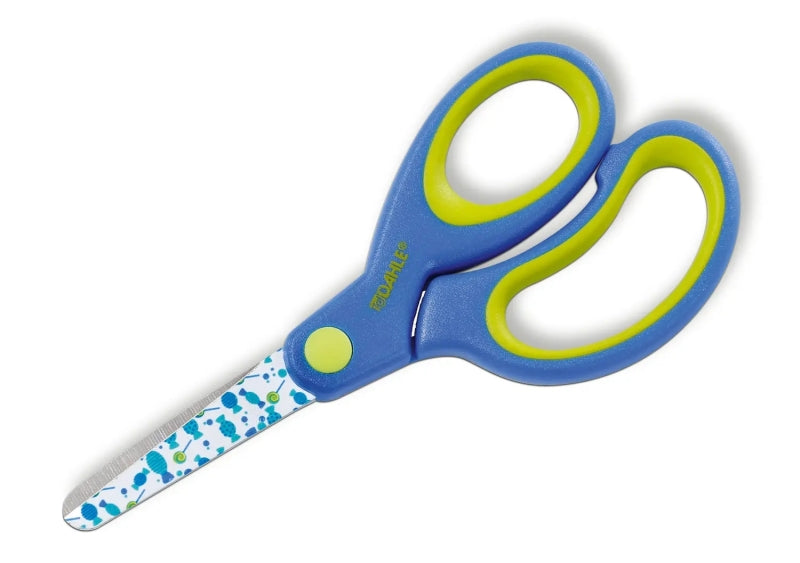 Tesoura infantil Dahle 54661 de 13 cm com pontas arredondadas, em aço inoxidável e cabos ergonómicos revestidos a borracha (azul/verde).