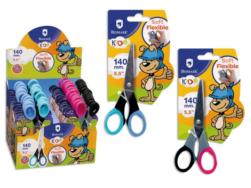 Ciseaux scolaires Bismark pour enfants, 14 cm, lames souples en acier inoxydable, poignées flexibles, bouts arrondis, 2 modèles assortis, quantité : 24