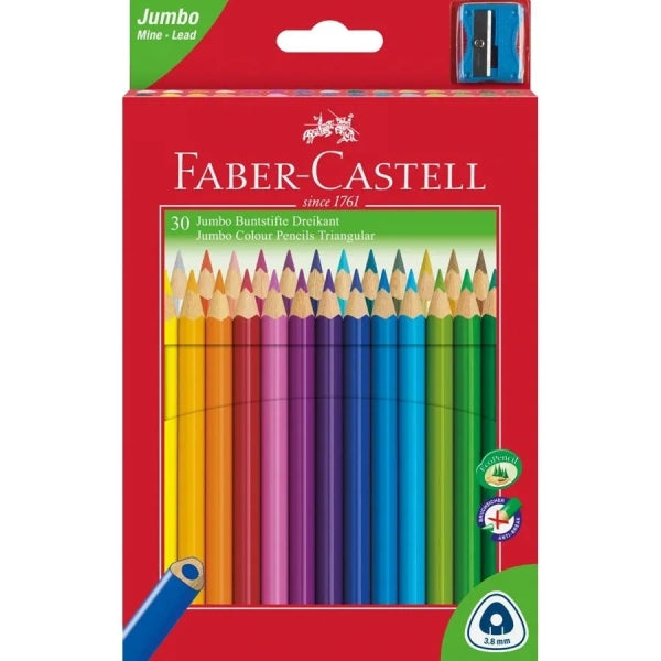 Faber-Castell Jumbo Junior Lapices de Colores Triangulares + Sacapuntas - Mina Resistente a la Rotura - Lavable - Colores Surtidos