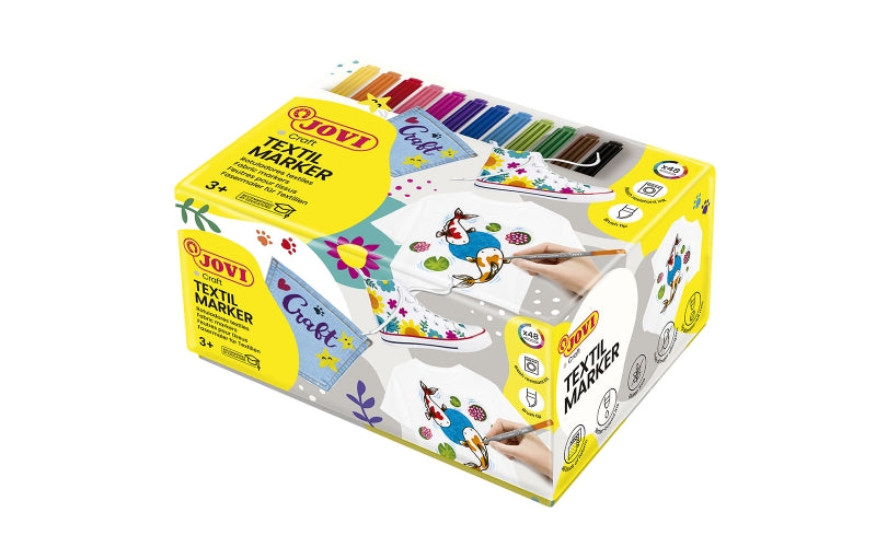 Caixa de 48 marcadores têxteis Jovi - Tinta à base de água - Ponta de pincel - Resistente à lavagem - Secagem rápida - Cores sortidas