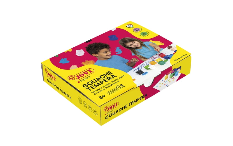Coffret de 12 flacons de 35 ml de peinture gouache tempera Jovi - Mélangeable - Pour papier, carton, bois, tissu, pâte à modeler et argile - Pinceau inclus - Couleurs assorties