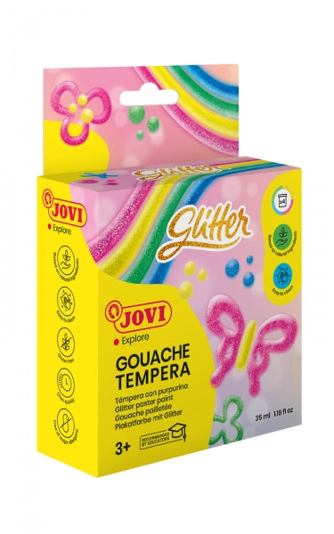 Lot de 4 gouaches pailletées Jovi (35 ml) - Peinture à la tempera liquide à base d'eau - Paillettes - Excellente performance - Séchage rapide - Application facile - Couleurs assorties