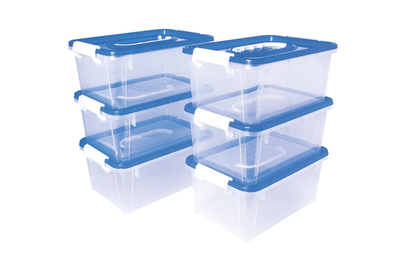 Lot de 6 coffres de rangement scolaires Jovi 280 x 190 x 130 mm - Idéal pour les fournitures scolaires et les jouets - Faciles à empiler - Corps transparent avec couvercle bleu