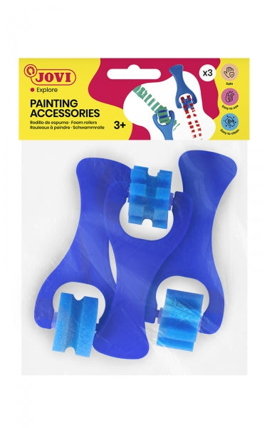 Sac suspendu Jovi avec 3 petits rouleaux de massage en mousse aux motifs variés et de formes différentes. Poignée résistante. Nettoyage facile à l'eau et au savon. Bleu.