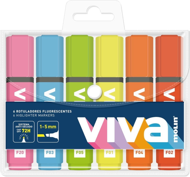 Conjunto de 6 Marcadores Fluorescentes Molin Viva - Espessura da Linha entre 1 e 5 mm - Tinta à Base de Água - Colorido