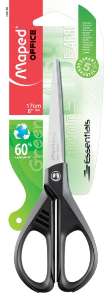 Ciseaux symétriques Maped Essentials 17 cm en acier inoxydable - Lames tranchantes - Poignées composées à 60 % de plastique recyclé - Noir