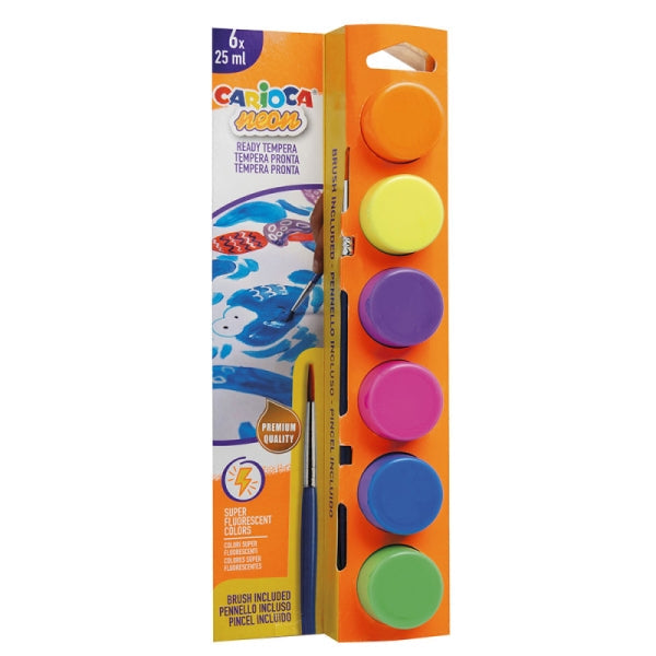 Carioca Neon - Coffret de 6 peintures tempera en pots de 25 ml + pinceau - Super lavables - Miscibles - Couleurs néon