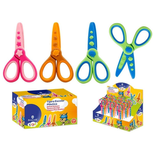 Ciseaux scolaires en plastique Bismark pour enfants - Décorés sur le thème de la mer - Pointes arrondies - 3 modèles assortis - Quantité : 24