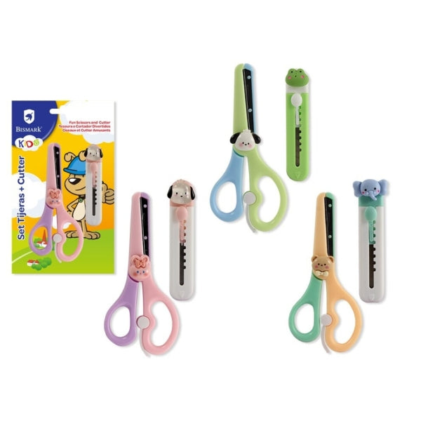 Conjunto de Tesoura Escolar Infantil Bismark com Estilete - Cabos de Plástico - Pontas Retas - 3 Modelos Sortidos - Quantidade: 12