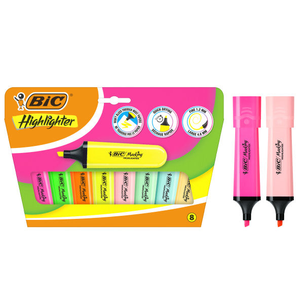 Lot de 8 surligneurs fluorescents Bic Marking Marking - Pointe biseautée - Largeur de trait entre 1,20