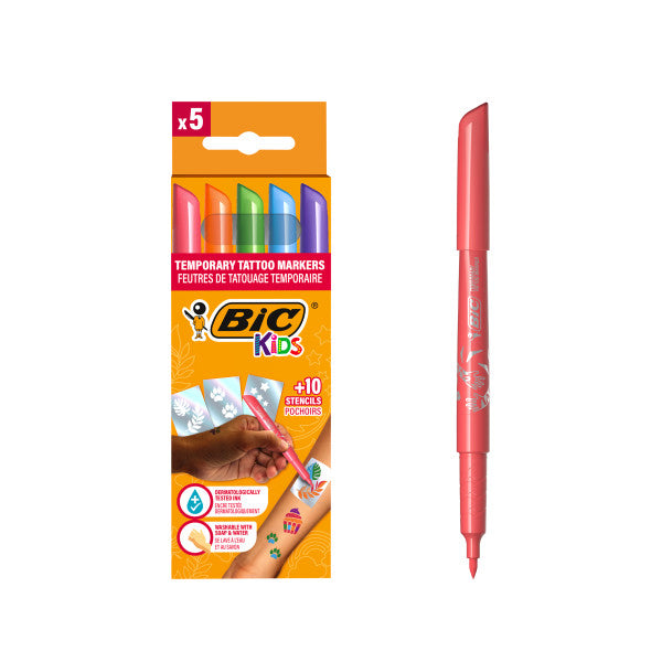 Tatouages temporaires Bic Kids, lot de 5 marqueurs + 10 pochoirs - Encre dermatologique