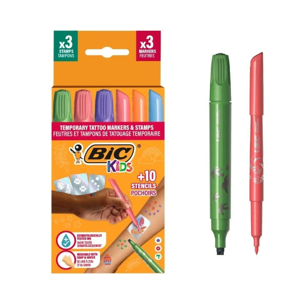 Tatouages temporaires Bic Kids, lot de 3 tampons + 3 feutres + 10 pochoirs - Encre dermatologique