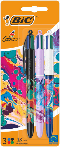 Lot de 3 stylos à bille rétractables Bic Decors Hydro 4 couleurs - Pointe moyenne 1,0 mm - Encre avec