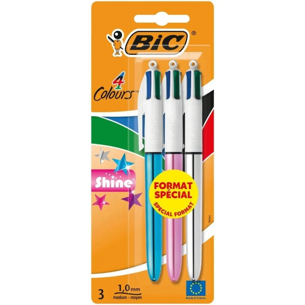 Lot de 3 stylos à bille rétractables Bic Shine 4 couleurs - Pointe 1 mm - Largeur de trait 0,4 mm - Encre C