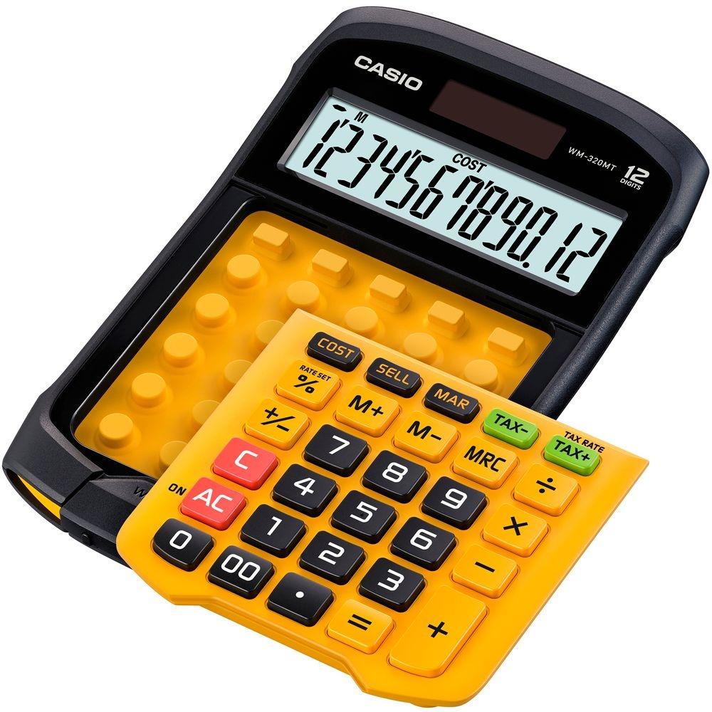Calculatrice de bureau Casio jaune et noire 12 chiffres, résistante à l'eau et à la poussière WM-320MT