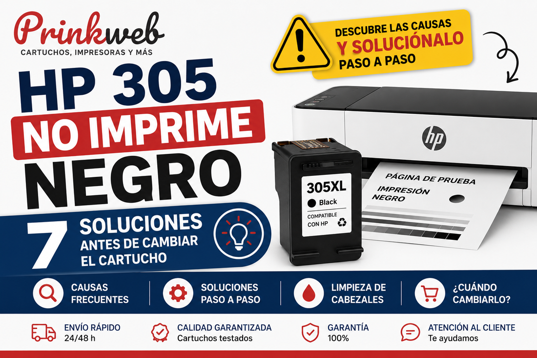 HP 305 no imprime negro: causas, soluciones y cuándo cambiar el cartucho