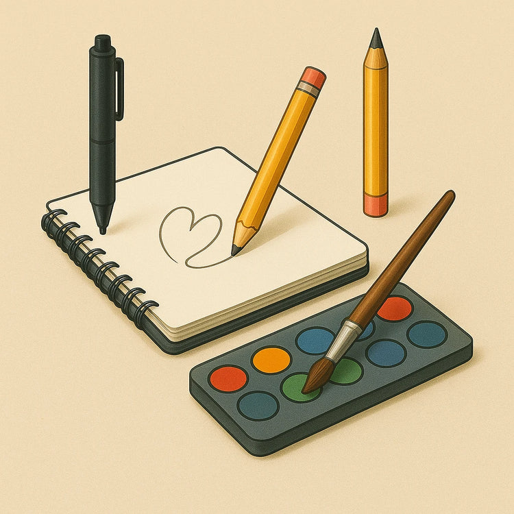 Materiales para escribir y dibujar: Colección de herramientas creativas