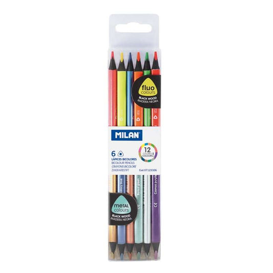 Conjunto de 6 lápis triangulares bicolores Milan - Mina de 2,9 mm - Forma ergonómica - Resistente a borrões