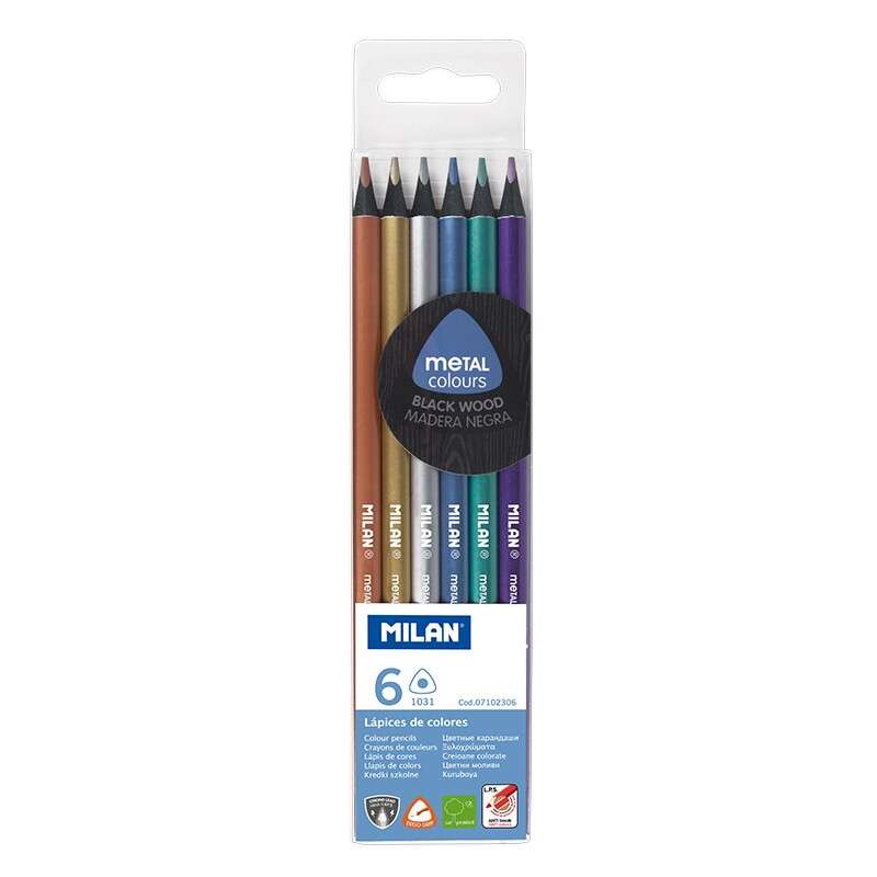 Conjunto de 6 Lápis Triangulares Metálicos Coloridos Milan - Mina de 2,9 mm - Ergonómicos - Duráveis