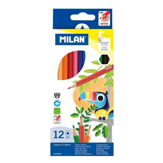 Conjunto de 12 lápis de cor hexagonais Milan - Mina de 2,9 mm - Traço uniforme - Apagáveis