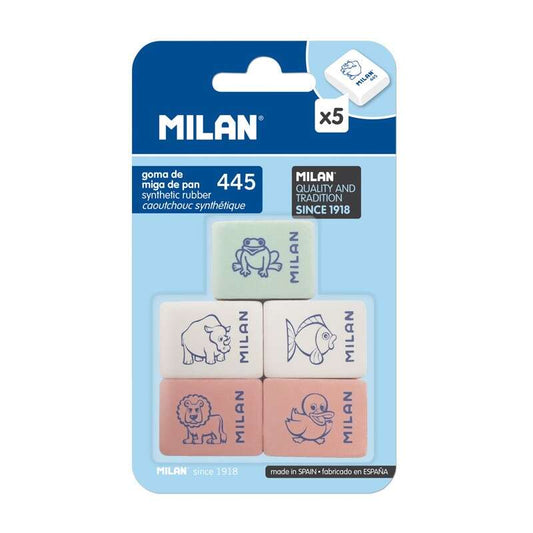 Milan 445 Pack de 5 Borrachas Retangulares - Textura Farinha de Pão - Borracha Sintética Macia - Desenhos Infantis - Cores Sortidas 
