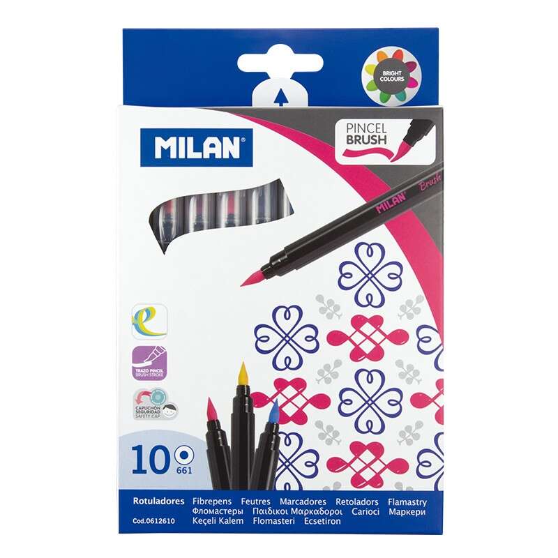 Lot de 10 feutres à pointe pinceau Milan - Largeur de trait : 0,5 à 4 mm - Encre à base d'eau - Couleurs assorties