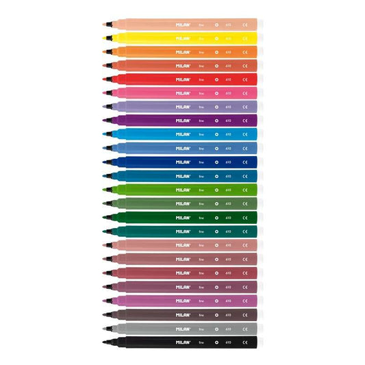 Kit com 24 Marcadores Milan - Ponta Fina de 2mm - Tinta à Base de Água - Laváveis ​​​​- Cores Sortidas