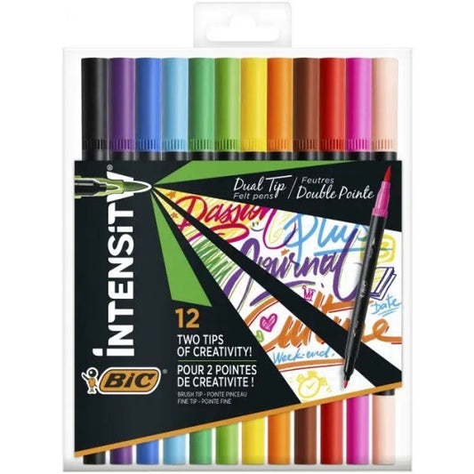 Lot de 12 marqueurs à double pointe Bic Intensity : pointe pinceau et pointe fine. Encre avec