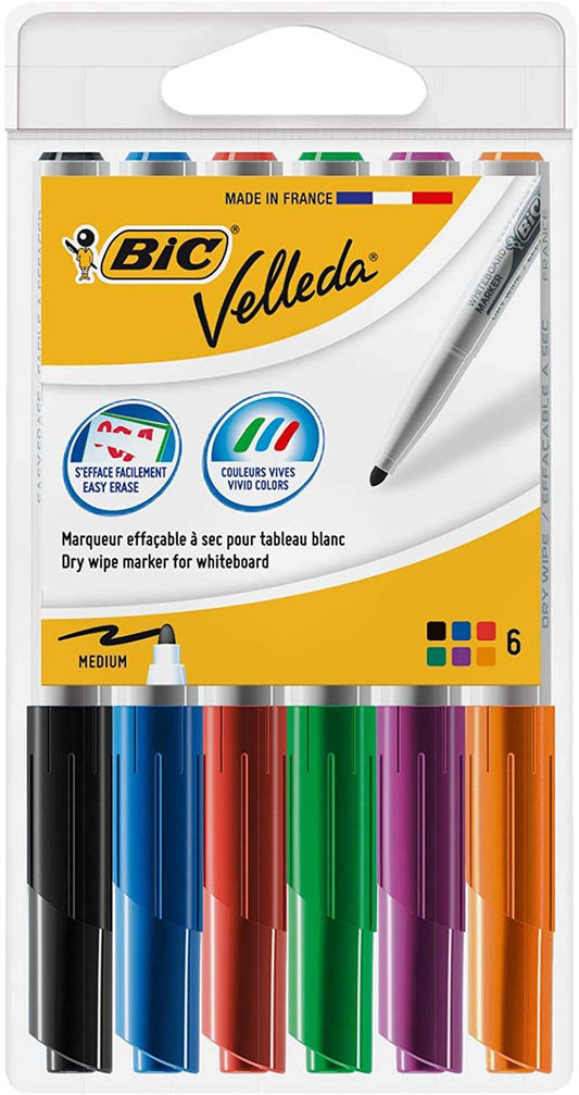 Bic Velleda 1741, lot de 6 marqueurs pour tableau blanc - Pointe moyenne - Largeur de trait de 1,4 mm - Effacement optimal
