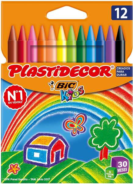 Caixa de 12 lápis de cera Bic Kids Plastidecor - Extra resistente - Fácil de apontar - Não mancha 