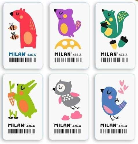 Gomme rectangulaire flexible Milan 436A - Motifs miettes - Caoutchouc synthétique - Motifs pour enfants - Motifs assortis - Quantité : 36