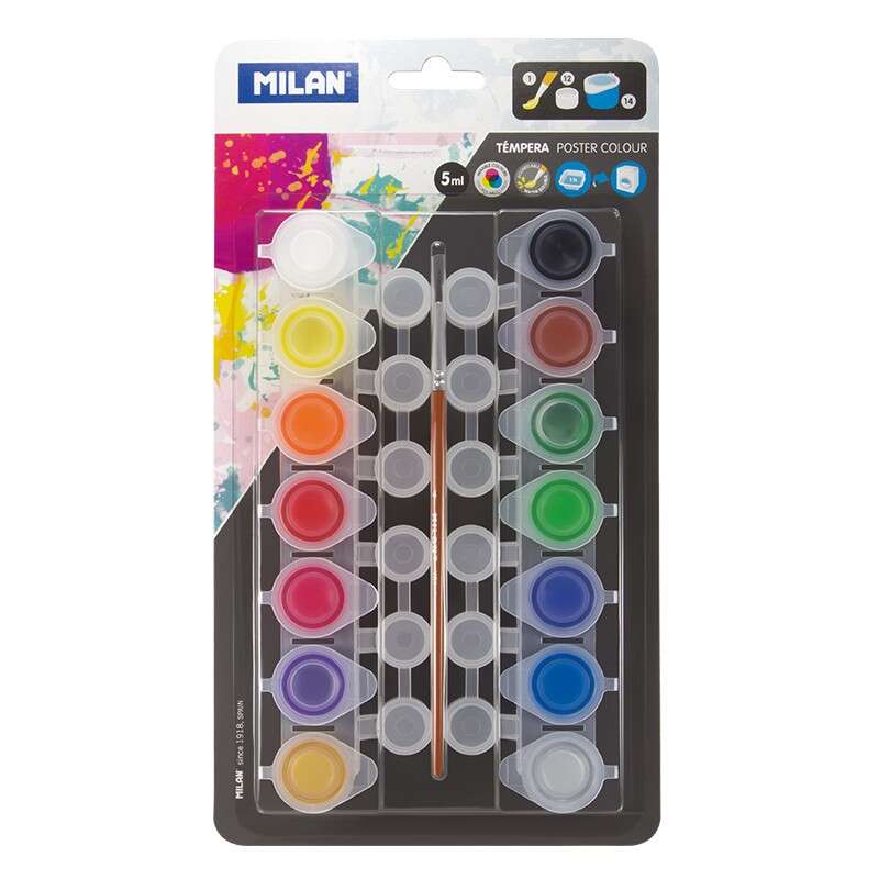 Kit Milan com 14 frascos de tinta têmpera de 5ml + 12 frascos para mistura + 1 pincel Série 101 - Secagem rápida - Misturável - Cores sortidas 