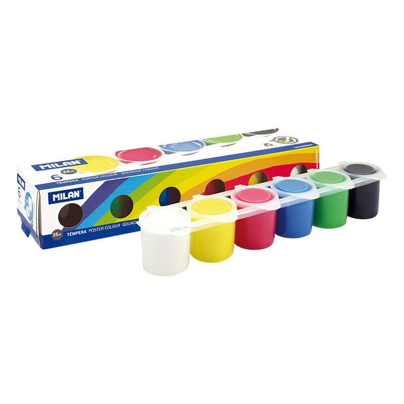 Kit Milan com 6 potes de tinta têmpera de 25ml + 1 pincel Série 101 - Secagem rápida - Misturável - Cores sortidas 