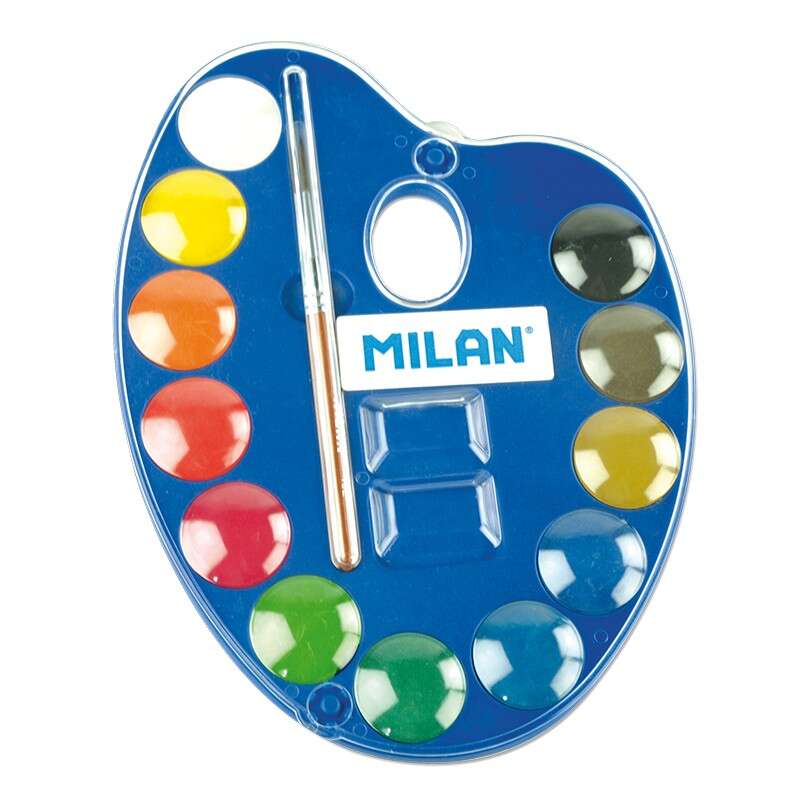 Milan 053412 Palete com 12 Aguarelas Ø25 mm + Pincel Série 101 - Misturáveis ​​​​- Cores Sortidas 