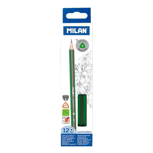 Embalagem de 12 lápis de grafite triangulares Milan - mina B de 2,4 mm - resistentes à quebra - para E