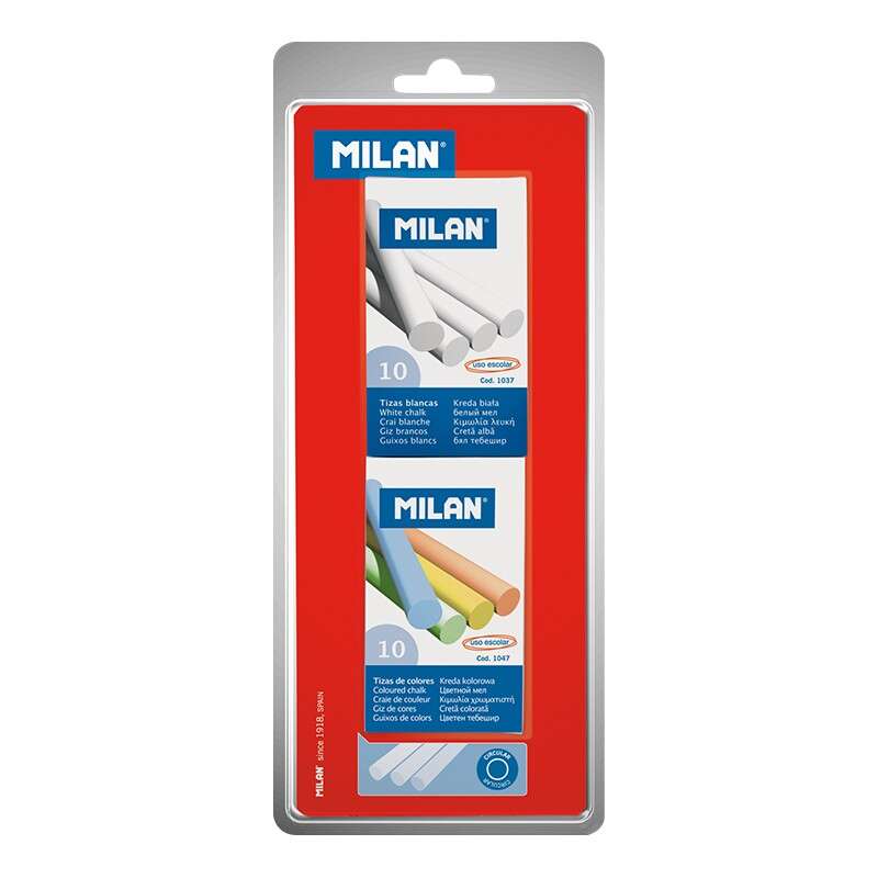 Conjunto Milan com 2 caixas de 10 giz cada, 1 caixa de giz branco e 1 caixa de giz colorido - Redondo - Sem recipiente