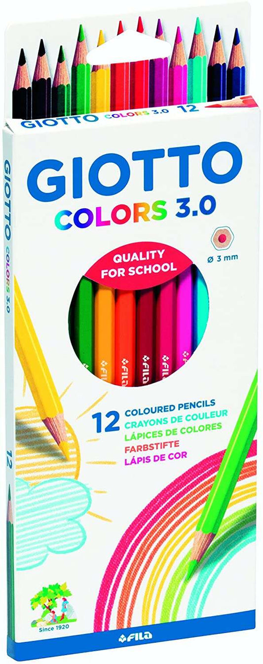 Giotto Colors 3.0 - Embalagem de 12 Lápis de Cor Hexagonais - Mina de 3 mm - Madeira - Cores Sortidas