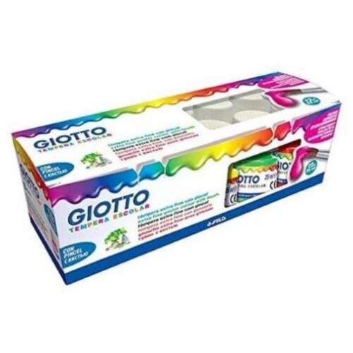 Giotto Tempera, lot de 12 pots de 25 ml + pinceau - À base d'eau - Excellente couvrance - Couleurs assorties