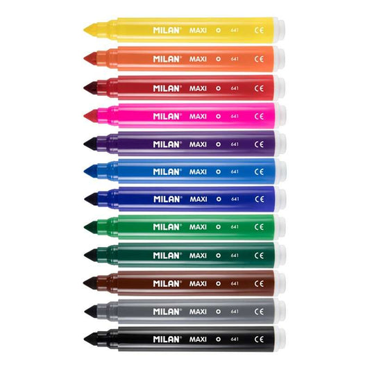 Kit com 12 Marcadores Maxi Milan - Ponta Cónica de 7,5 mm - Tinta à Base de Água - Laváveis ​​- Cores Sortidas