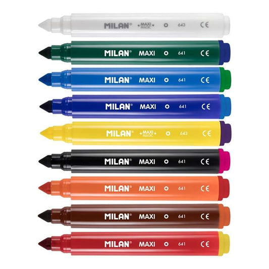 Milan Maxi Magic, lot de 8 feutres de couleur + 2 feutres magiques - Pointe conique 7,5 mm - Boîte en métal