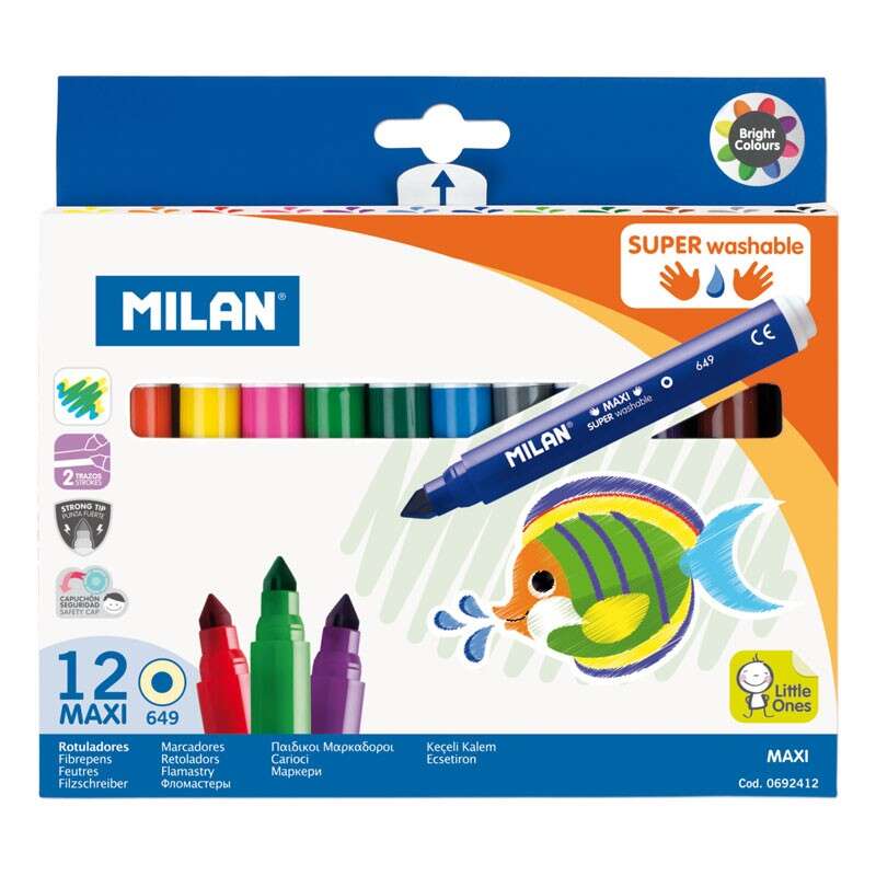 Kit com 12 Marcadores Maxi Super Laváveis ​​​​Milan - Ponta Cónica de 7,5 mm - Tinta à Base de Água - Laváveis ​​​​- Co
