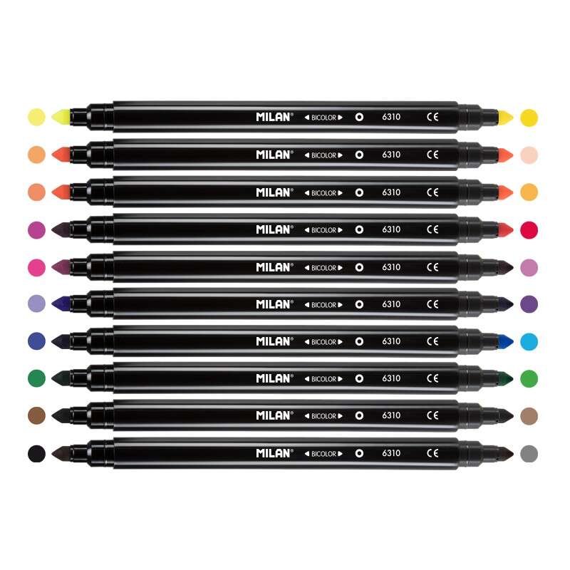 Conjunto de 10 marcadores bicolores de ponta dupla Milan - Ponta cónica de 5 mm - Tinta à base de água - Laváveis ​​- Coloridos