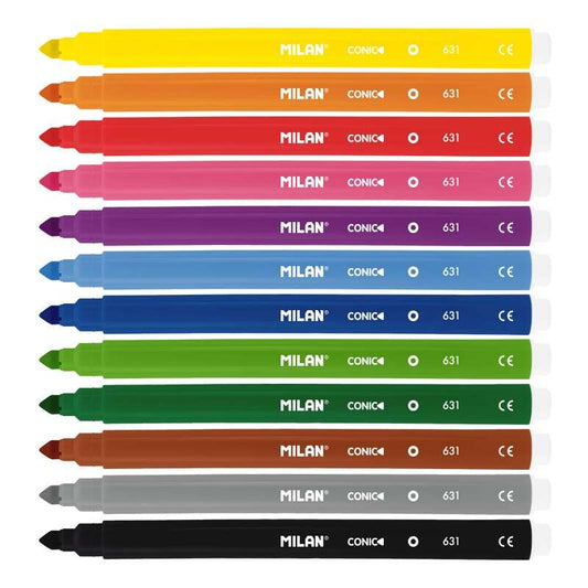 Lot de 12 marqueurs Milan - Pointe conique 5 mm - Encre à base d'eau - Lavable - Couleurs assorties