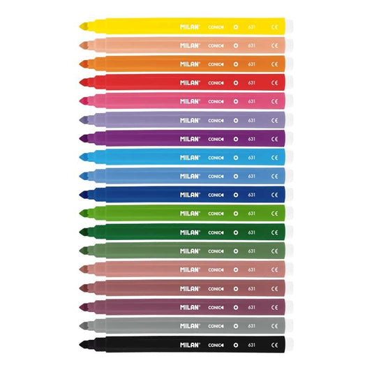 Kit com 18 marcadores Milan - Ponta cónica de 5 mm - Tinta à base de água - Laváveis ​​- Cores sortidas