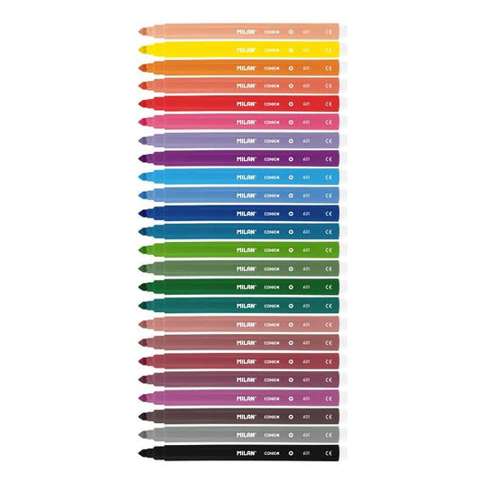 Kit com 24 marcadores Milan - Ponta cónica de 5 mm - Tinta à base de água - Laváveis ​​- Cores sortidas