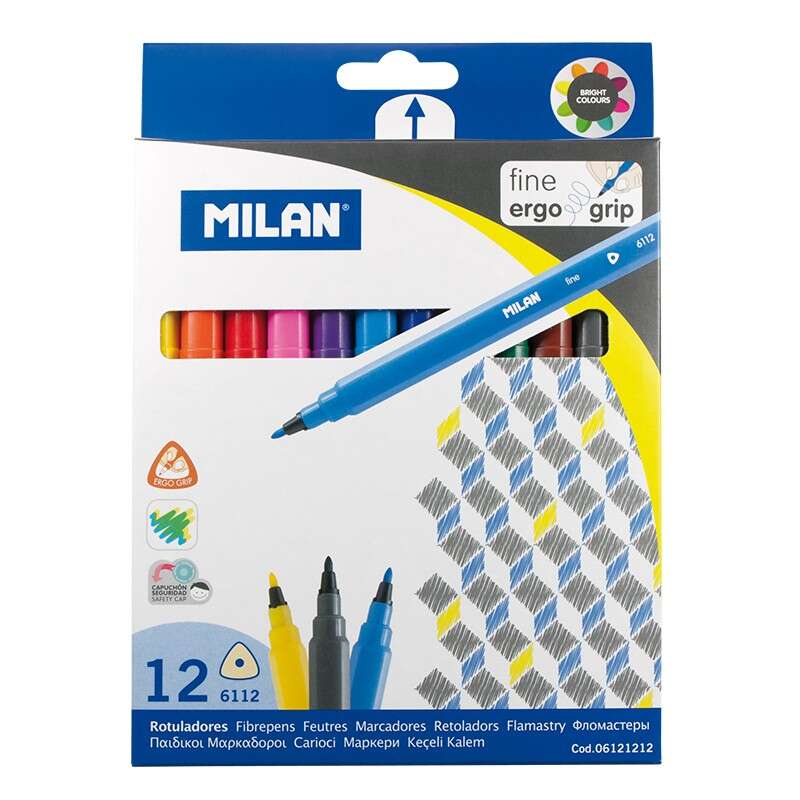 Lot de 12 marqueurs triangulaires Milan - Pointe conique fine de 2 mm - Encre à base d'eau - Lavable - Coloré