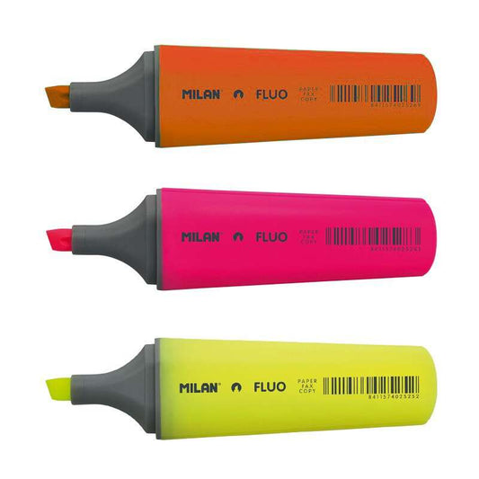 Milan Lot de 3 surligneurs fluorescents - Pointe biseautée 1 - 4,8 mm - Couleurs assorties