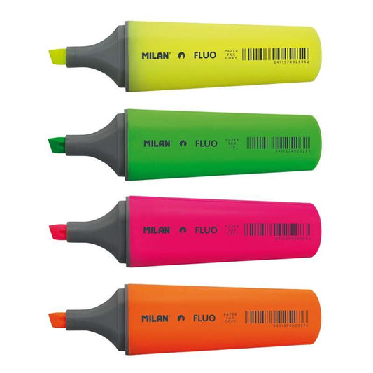Lot de 4 marqueurs fluorescents Milan Fluo - Pointe biseautée 1 - 4,8 mm - Couleurs : jaune, orange