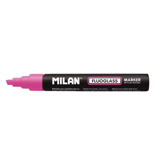 Marcador Milan Fluoglass para superfícies lisas - Ponta biselada - Espessura da linha de 2 a 4 mm - Tinta à base de água